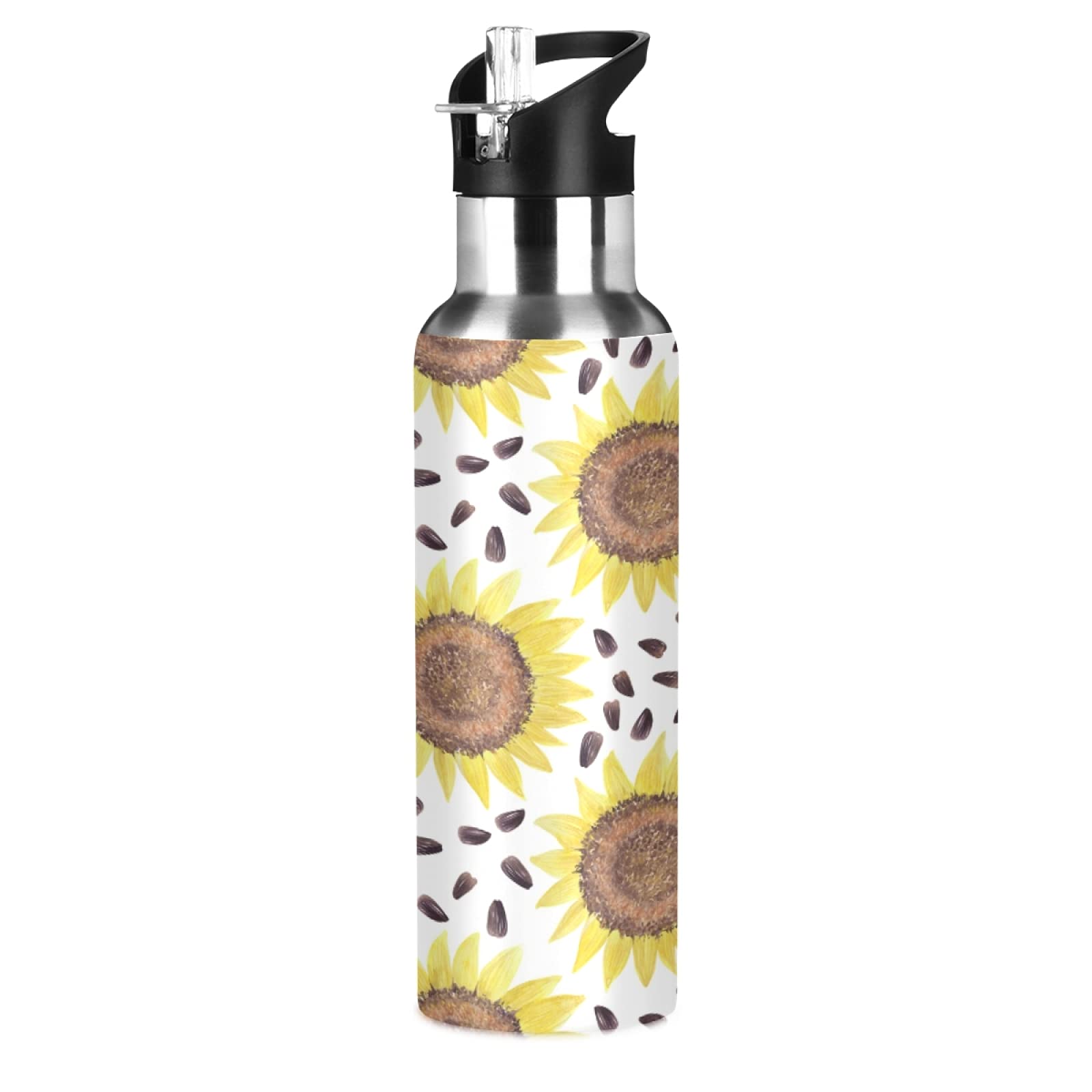 Vnurnrn Sunflowers Buds Plant Insulated Water Bottle with Straw Sport Stainless Steel Vacuum Flask BPA Free Travel Mug