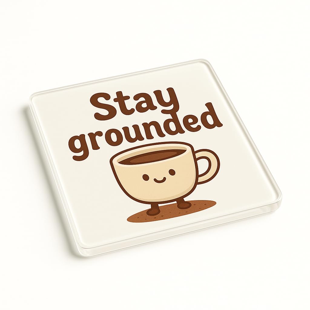 The Plum Penguin Grounded Brew Funny Acrylic Coaster Gift - Whimsical Coffee Cup Design With 'Stay Grounded' Message For Desk Or Kitchen Decor