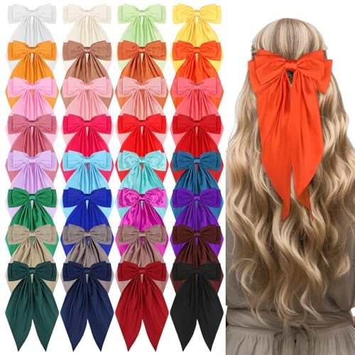 32 Piezas Pinzas Grandes de Pelo de Satín para Mujer, Lazos de Pelo Grandes, Lazos de Satín Sedoso, Pinzas de Pelo Grandes con Cola Larga miniatura 1
