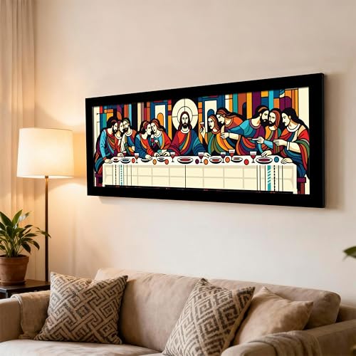 Image of PAINTINGMANTRA The Last Supper Christian Religious Holy Wall Art Framed Luxury Paintings for Home Decoration, Living room, Bedroom and Office Decoration (99x38 CM)