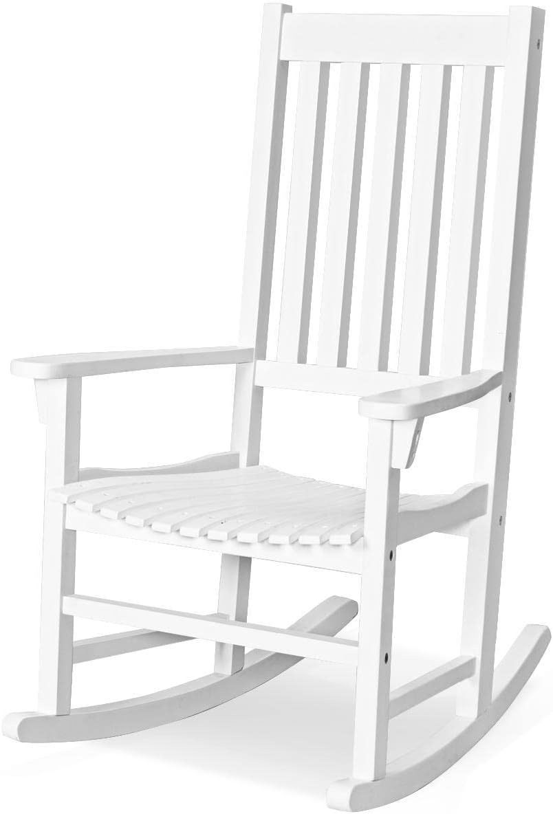 LDAILY Moccha Outdoor Rocking Chair, Acacia Wood Frame, Porch Rocker for Garden, Lawn, Balcony, Backyard and Patio (1, White)