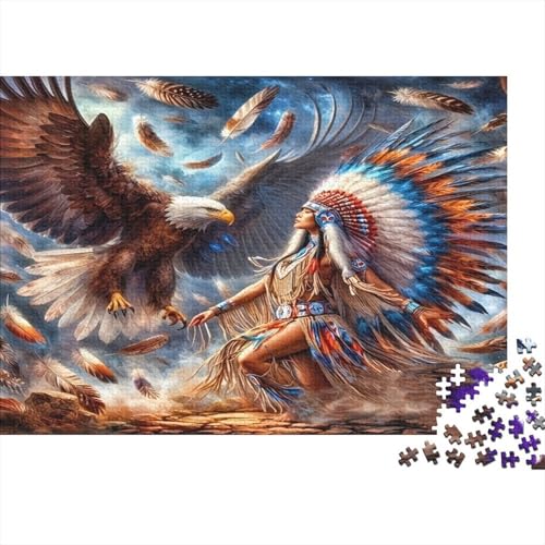 Image of Eagle and Tribal Warrior 1000 Piece Jigsaw Puzzle Paper for Adults Tribal Style Jigsaw Puzzle for Adults Relaxation Focus Home Decor 52x38cm/1000pcs