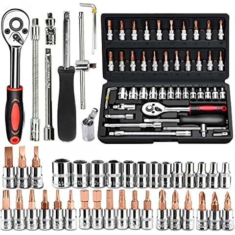 46 PCS Socket Wrench Set, Mechanic Tool Kit Quick-release Ratchet, 1/4" Drive Bit Metric Combination Tools for Auto Repairing & Household with Storage Case Cover
