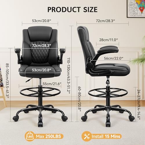 Image of Drafting Chair, Tall Office Chair for Standing Desk, High Executive Leather Ergonomic Computer Chair with Adjustable Height and Flip-Up Armrest for Counter Height Desk, Black, Pack of 1