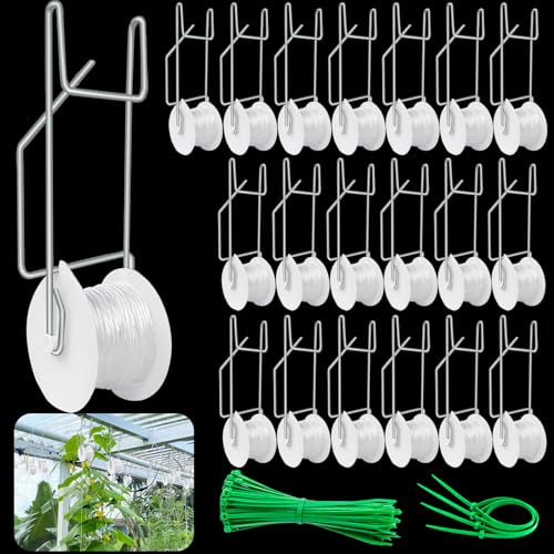 Paradi star 20Pack Tomato Trellis Roller Hooks Greenhouse Trellising Kit with 100Pcs String Zip Ties for Tomatoes Vine Twine Crop Vegetable Flower