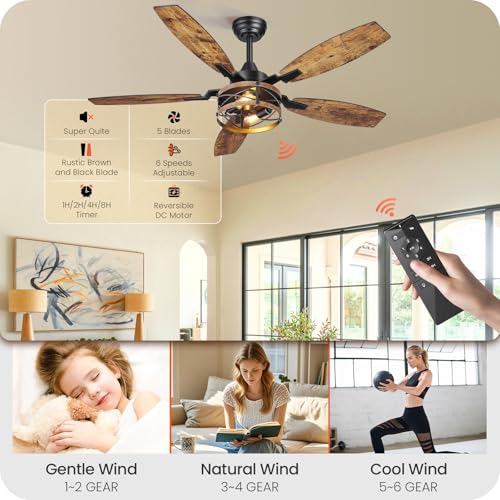 Image of 50 Inch Farmhouse Ceiling Fan with Lights and Remote, Timer, Dual Finish 5 Blades (Rustic Brown and Black), 6 Speeds, Reversible DC Motor, Rustic & Industrial Caged Ceiling Fan for Bedroom B04CF05