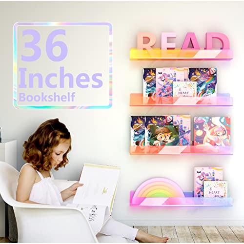 Image of 2 Pack RORKIM 36 Inch Iridescent Acrylic Floating Shelf, Kids Bookshelf | Wall Mounted Display Toy Organizer for Kids Nursery Classroom