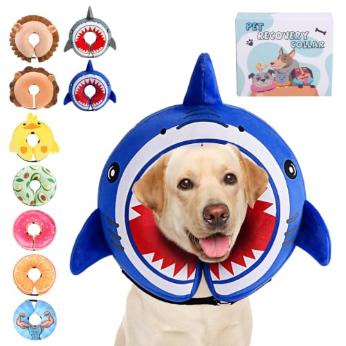 Image of KOOLTAIL Inflatable Dog Cone Collar, Soft Donut E Collar for Dogs After Surgery to Stop Licking Enhanced Alternative, Blow Up Pet Neck Pillow Recovery Adjustable Cone for Dog Cat, Shark L
