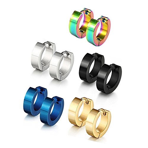 Jaetech House 5 Paar Edelstahl Huggie klappbar Ring Ohrringe - Inklusive Ohrringe für Männer - Schwarz, Blau, Regenbogenfarbe, Gold und Silber Reifen für Männer 9mm (5 Paar) MEHRWEG Cover