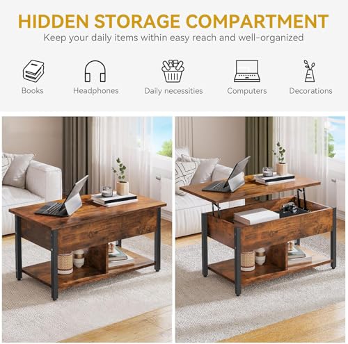 DWVO Lift Top Coffee Table, Coffee Tables with Large Hidden Storage Wood Coffee Table Lift Up Center Table for Living Room, Office, Rustic Brown