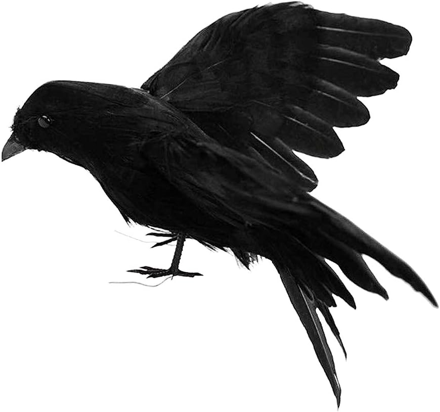 LWINGFLYER 5.9" Black Feathered Crows Halloween Decoration Realistic Raven Handmade Artificial Birds Halloween Prop Decor Spooky Party Home Garden Decoration (Black Flying Crow)