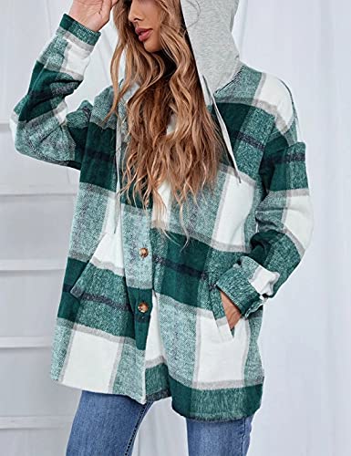 Zontroldy Womens Hooded Shacket Jacket Oversized Casual Flannel Plaid Wool Blend Button Down Shirt Coat Jackets4