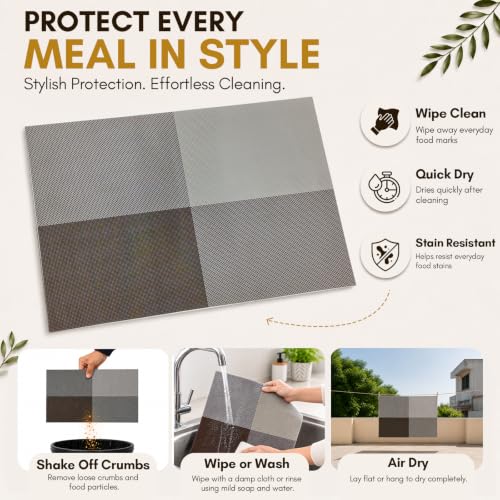 Image of Solitude Set of 6 Dining Table Placemats | Non-Slip PVC Table Mats, Heat Resistant, Washable, Stain-Resistant Surface (Beige & Coffee, 45 x 30 cm)