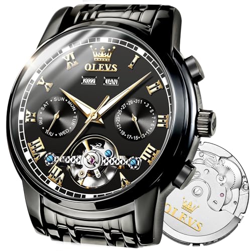 Image of OLEVS Watches for Men Automatic Mechanical, Luxury Waterproof Stainless Steel Wrist Watch, Self Winding No Battery Multi-Function Day Date 5-Hand Calendar, Classic Large Face Casual Business Dress Fashion Gifts for Men