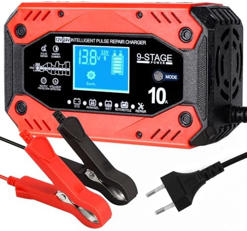Chargeur Batterie 12V 10A Intelligent - Compatible Plomb, AGM, GEL, LiFePO4, écran LCD, Mode Réparation, Protections Multiples