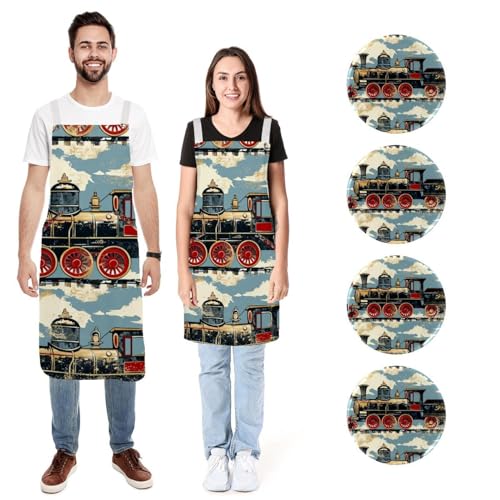 Lot de 2 tabliers de cuisine en lin motif moteur à vapeur rétro avec 2 poches réglables