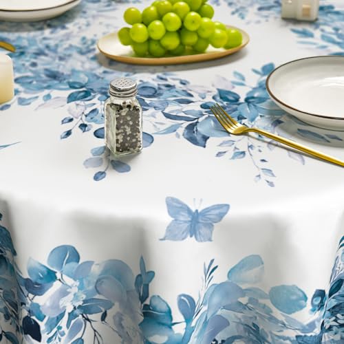 Image of Horaldaily Spring Tablecloth 90 x 90 Inch Round Eucalyptus Floral Blue | Washable Table Cover for Party Picnic Dinner Decor