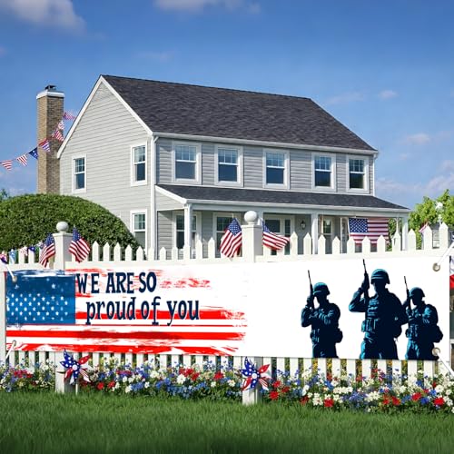 Image of BlissYard Patriotic Banner We Are So Proud of You Banner for Outside American Flag Military Banner 118 x 20 Inch 4th of July Welcome Home Veterans Decorations for Yard Fence Porch