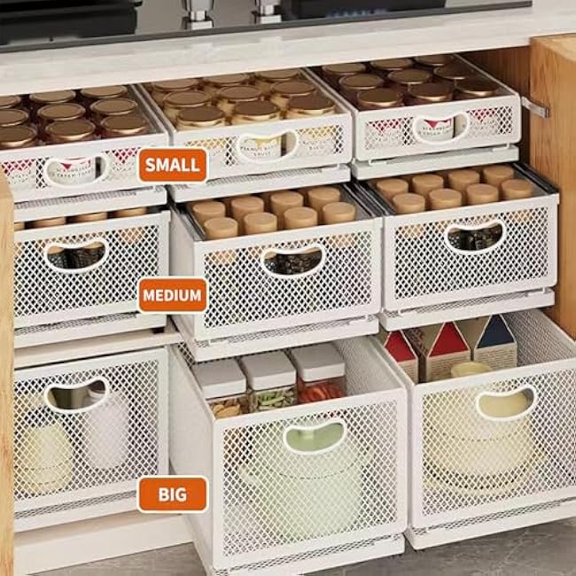 Sliding Cabinet Basket Organizer Drawer Self Adhesive Slide out Pantry Shelves Heavy Duty Carbon Steel Slide Cabinet Storage Basket with Handle for Bathroom Kitchen Home
