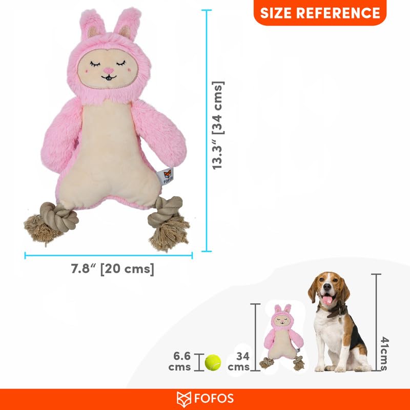 Image of BarkButler x Fofos Rope Leg Plush Rabbit - Soft & Squeaky Toys for Dogs with Rope, Dog Toys for Medium Dogs (5-20kgs) - Pink