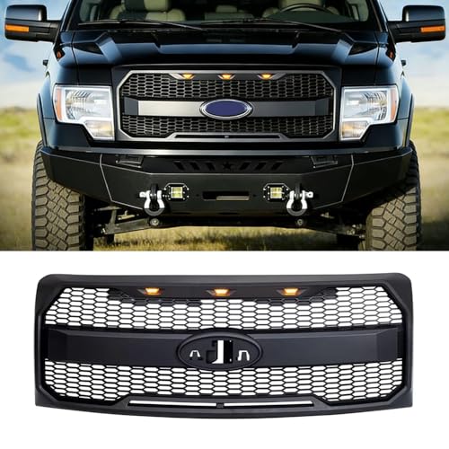 BNYIUEQR Black Front Bumper Grille Compatible with 2009 2010 2011 2012 2013 2014 F150 Mesh Grill with 3 LED Lights and Emblem Mount
