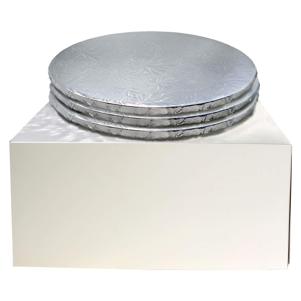 Cake S.O.S.12" Combo Box Set - 12x12x6 White Box with 12" Silver Round Drum 1/2", Pack of 3