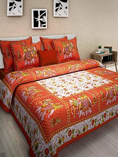 UNIBLISS 100% Cotton Rajasthani Jaipuri Traditional Printed King Size Double Bed Bedsheet with 2 Pillow Covers - (Multicolor)