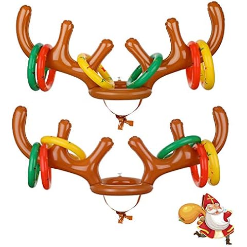 Christmas Party Toss Game Inflatable Reindeer Antler Hat with Rings for Kids Adults Family Xmas Fun Games (2 Antlers 12 Rings) Cover
