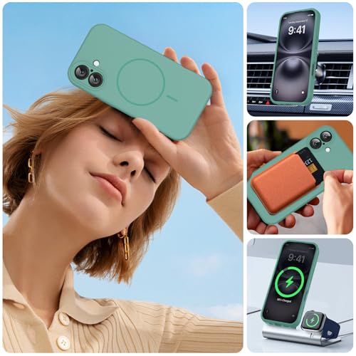 Image of Miracase Magnetic for iPhone 16 Plus Case, [Soft Anti-Scratch Microfiber Lining], Compatible with MagSafe, Liquid Silicone Shockproof Drop Protection Phone Case for 16 Plus,Midnight Green