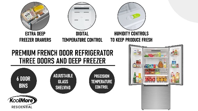 Image of KoolMore 30-Inch and 18.5 cu. ft. Counter Depth French Door Refrigerator with Three Doors and Deep Freezer in Stainless-Steel (KM-RERFDSS-18C)