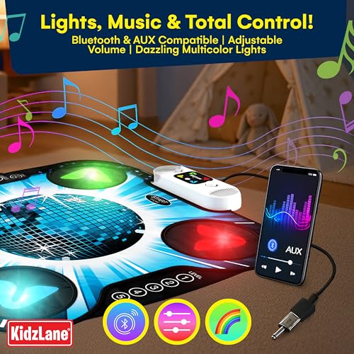 Image of Kidzlane Light Up DJ Dance Mat for Kids - Bluetooth & AUX Compatible - 3 Fun Arcade Games with 5 Difficulty Levels - Detachable Discoball & Fairytail - Adjustable Volume - Ages 6+