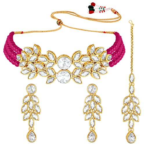 Image of Peora Gold Plated Bridal Crystal Pearl Choker Necklace with Drop Earrings Traditional Jewellery Set for Women