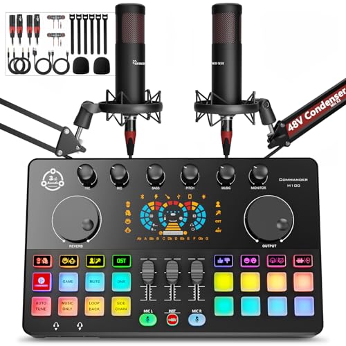 Podcast Equipment Bundle for 2, Audio Interface DJ Mixer with 48V XLR Condenser Microphone,...