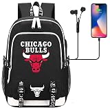 HQEKMS Rucksack für Basketball-Superstar-Fans, Freizeitreise, Schultasche mit USB-Ladeanschluss Schwarz Logo-U