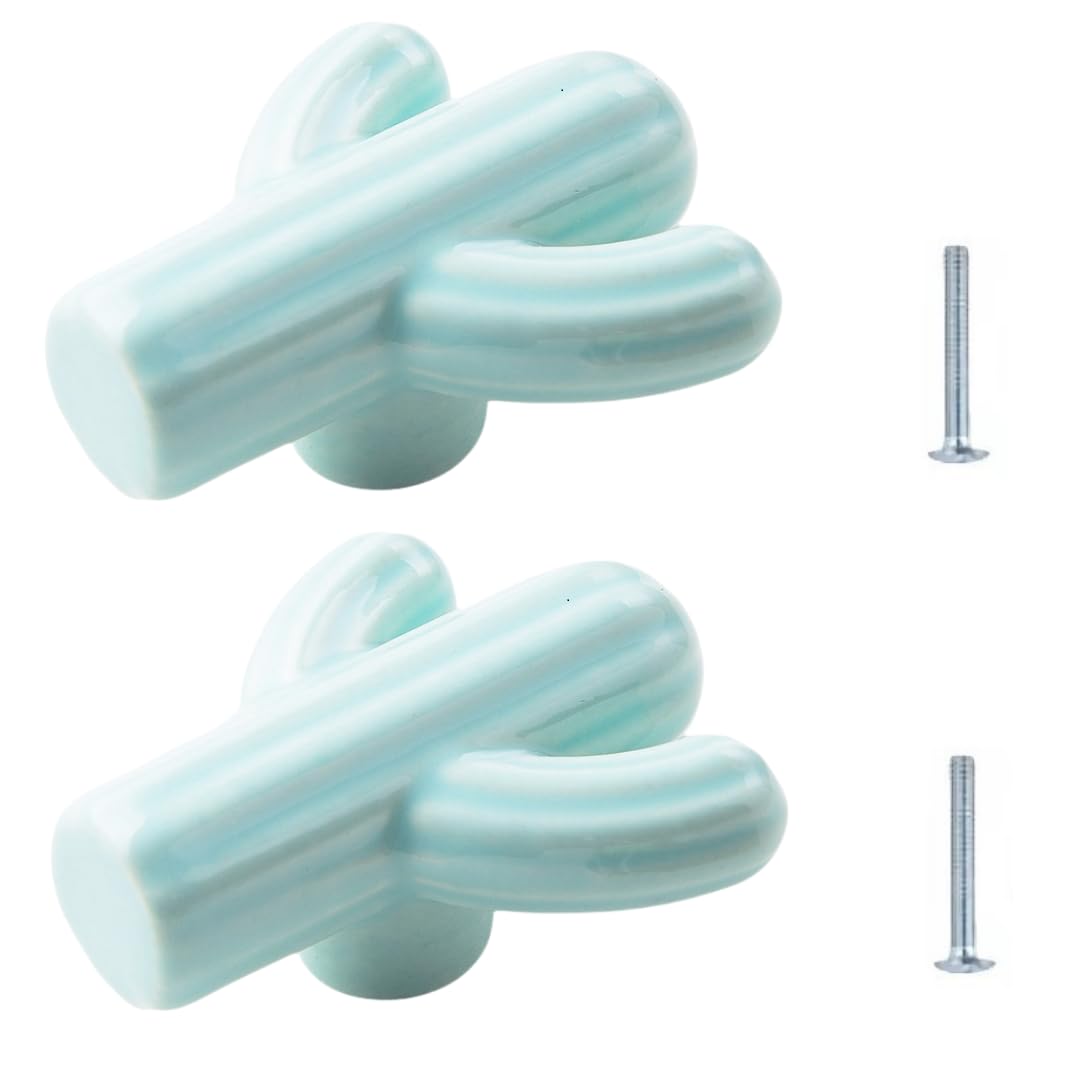 ENmrfvkz Ceramic Cupboard Drawer Handle Knobs, Ceramic Cactus Drawer Knobs Multicolor 42x52mm 2 Pcs(Teal)