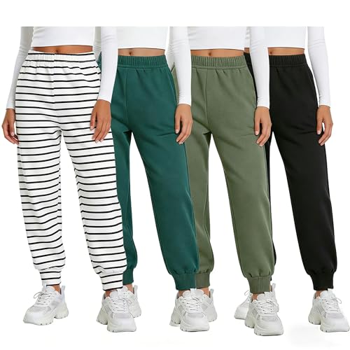 cold pudding 4 Pack 2T-6T Toddler Boys Cotton Joggers Sweatpants Athletic Casual Pants for Kids Elastic Cuff Workout Pants (US Age 4 Years Black/Olive Green/Teal/Stripe)