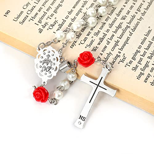 Nazareth Store Pearl Beads Rosary Beaded Necklace Projection Our Father Prayer Medal with Miraculous Centerpiece and Jesus Crucifix NS (White) - Thumbnail 7