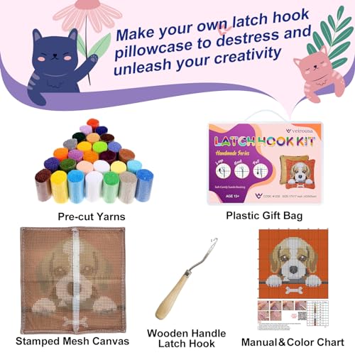 Image of veirousa Beagle Puppy Latch Hook Kits for Adults Kids, Beginners DIY Throw Pillow Kit Pre-Printed Mesh Canvas Hook and Latch Rug Kits Cross-Stitch Cushion Cover for Home Sofa Decoration 17x17 in.