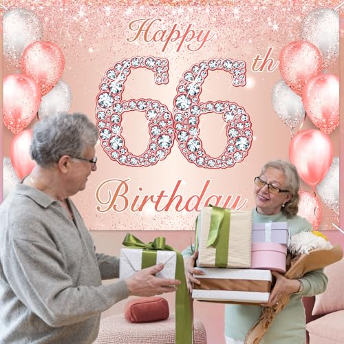 Image of Happy 66th Birthday Rose Gold Banner Cheers to 66 Years Old Backdrop Confetti Balloons Theme Decor for Women 66 Years Old Pink Birthday Party Decorations Bday Supplies Background Favors Gift Glitter