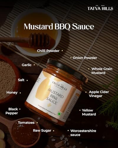 Image of TatvaHills Superfoods Mustard BBQ Sauce - Sweet Spicy Tangy Flavour, No Preservatives, All Natural | Perfect for Grilling, Marinade, Dip, Sandwich Spread | Gourmet Barbeque Condiment | 180g
