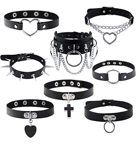 Papasgix Choker Collar Necklace for Women, Adjustable Pu Leather Goth Studded Heart Punk Necklace with Spikes, Trendy Collar for Teenager Girls (8Pcs-Black)