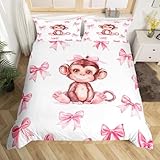 Homewish Funny Monkey Duvet Cover Set Single Size with 1 Pillowcase - Dreamy Princess Bowknot Bedding for Kids Girls Teens - Cute Woodland Animal Print Quilt Cover Kawaii Ribbon Bow Bed Set