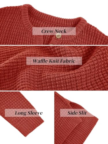 Image of Girls Waffle Knit Sweaters Trendy Henley Button V Neck Long Sleeve Pullover Jumper Tops Orange Red