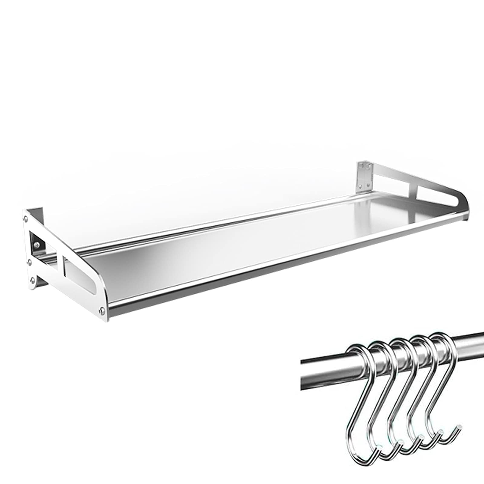 DFGHNBVC Foldable Wall Shelf With 5 Hooks Stainless Steel Spice Rack Kitchen Storage Orga Spacesaving Microwave Support Wallmounted Kitchen,Argento-80 * 35Cm