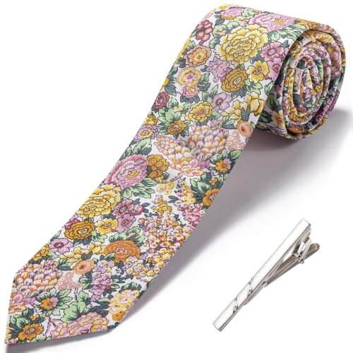 Image of Barry.Wang 100% Cotton Floral Ties for Men 63 inch Extra Long Necktie Clip | Fashion Cotton Printed Neckties,Wildflower 2.76 inch Ties Skinny,Gift Box,Groomsmen Wedding Engagement Graduation