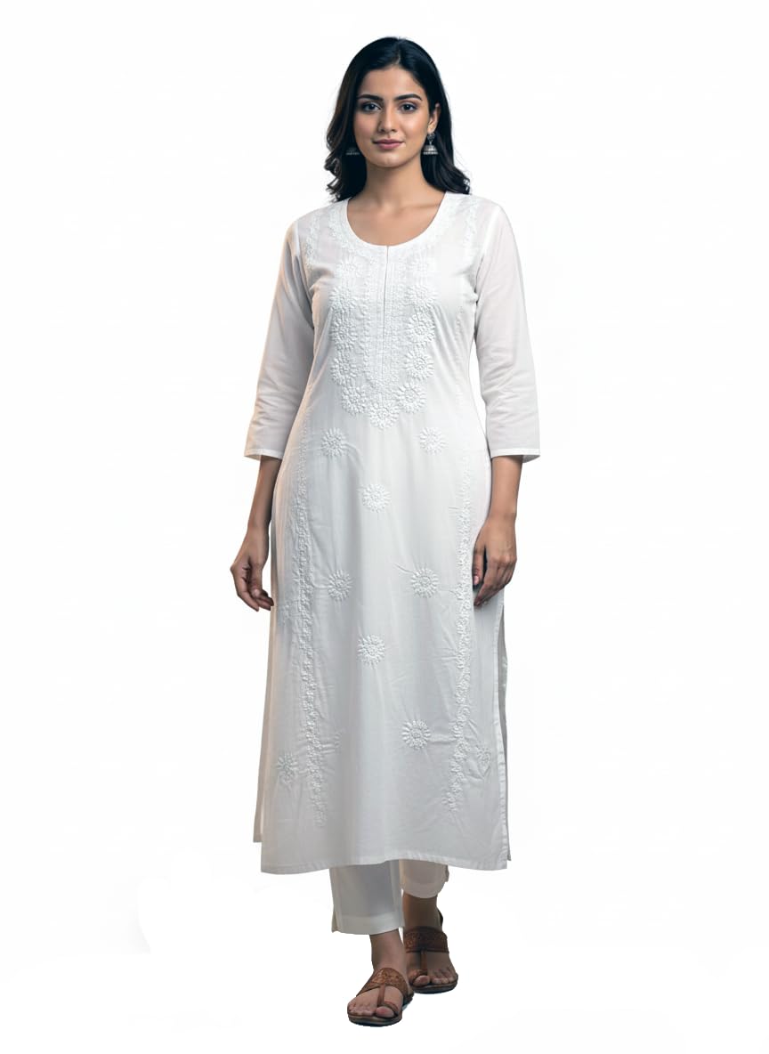 Women's White Pure Cotton Lucknowi Chikankari Kurti Ethnic Wear Elegant Festive & Office Wear Kurta-image-9