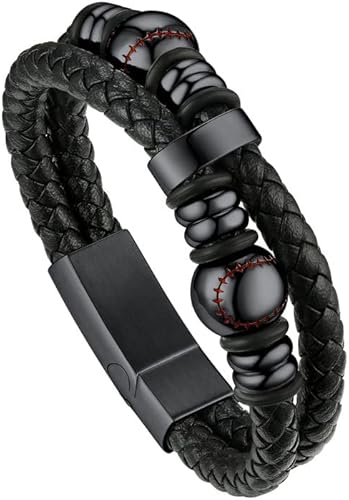 Bandmax Men Black Leather Bracelet Bangle Wirstband Trendy Cool Stainless Steel Baseball Beads Leather Bracelet for Biker Sportsman Athlete Gift Packed -19"