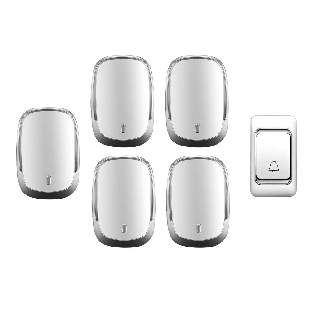 Campanello Wireless Impermeabile IP44, Kit Campanello per Porta a Distanza Ultra Lunga per la casa, 1 Pulsante + 5 ricevitori, 36 suonerie, 4 Livelli di Volume, Nero,Bianco