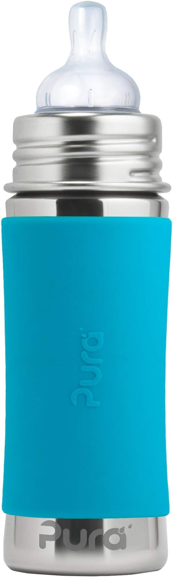 Pura Kiki 9oz/275ml Stainless Steel Infant Bottle w/Sleeve, Anti-Colic, 100% Plastic-Free, MadeSafe Certified, Medical-Grade Silicone, Medium-Flow Nipple, for Babies 3 Months & Up - Aqua