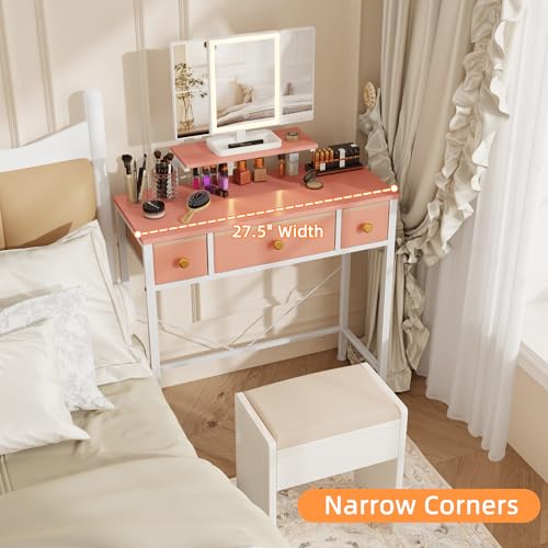 Image of HIGDBFE Small Makeup Vanity Desk 27.5''W with Mirror and Lights, 3 Drawers | USB Lighted Mirror, Height-Adjustable Stand, Fabric Drawers, Girls /Kids Gifts, Bedroom, Small Space, Dorm, Pink